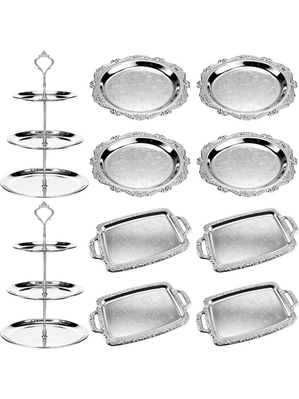 Elegant Silver Serving Tray Set - 10 Pcs Vintage Three Tiered Serving Trays